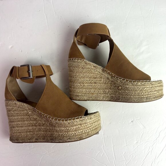 🟢 Marc Fisher Size 6 Brown Perforated Open Toe Espadrille Wedge Sandals - Picture 5 of 10